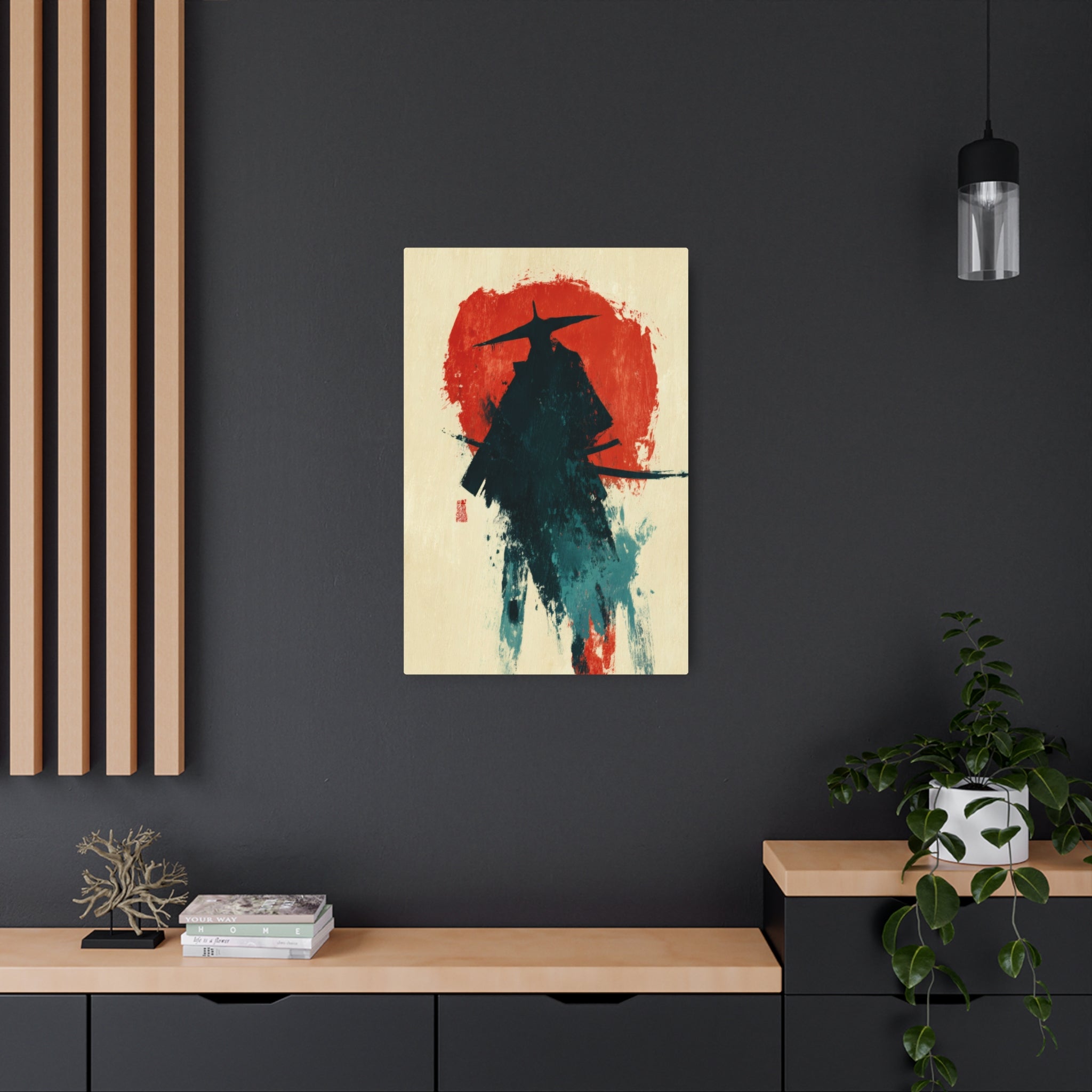 Samurai Silhouette Metal Art Sign — Japanese Ink Wash Wall Decor