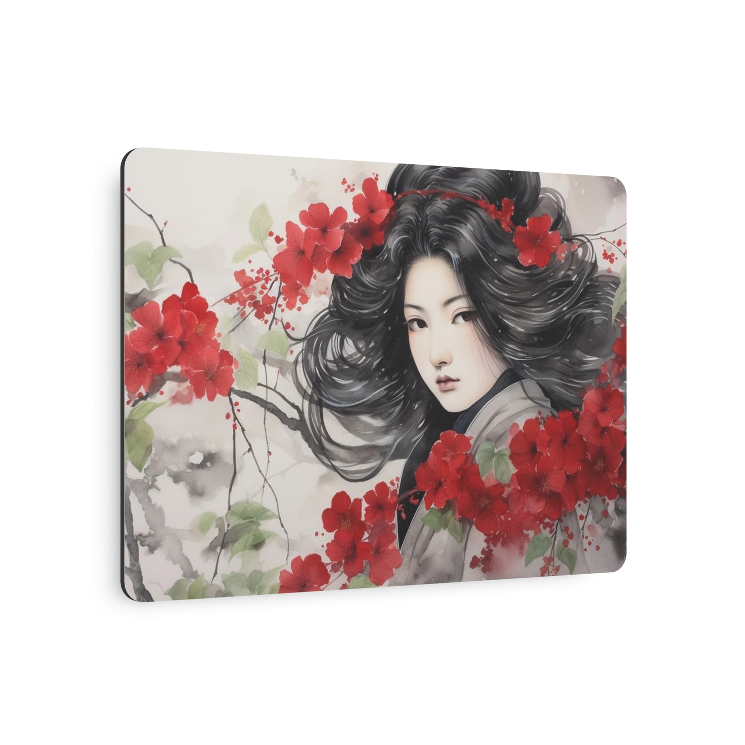 Metal Art Asian Woman with Red Blossoms Decorative Wall Art - The Art Hub