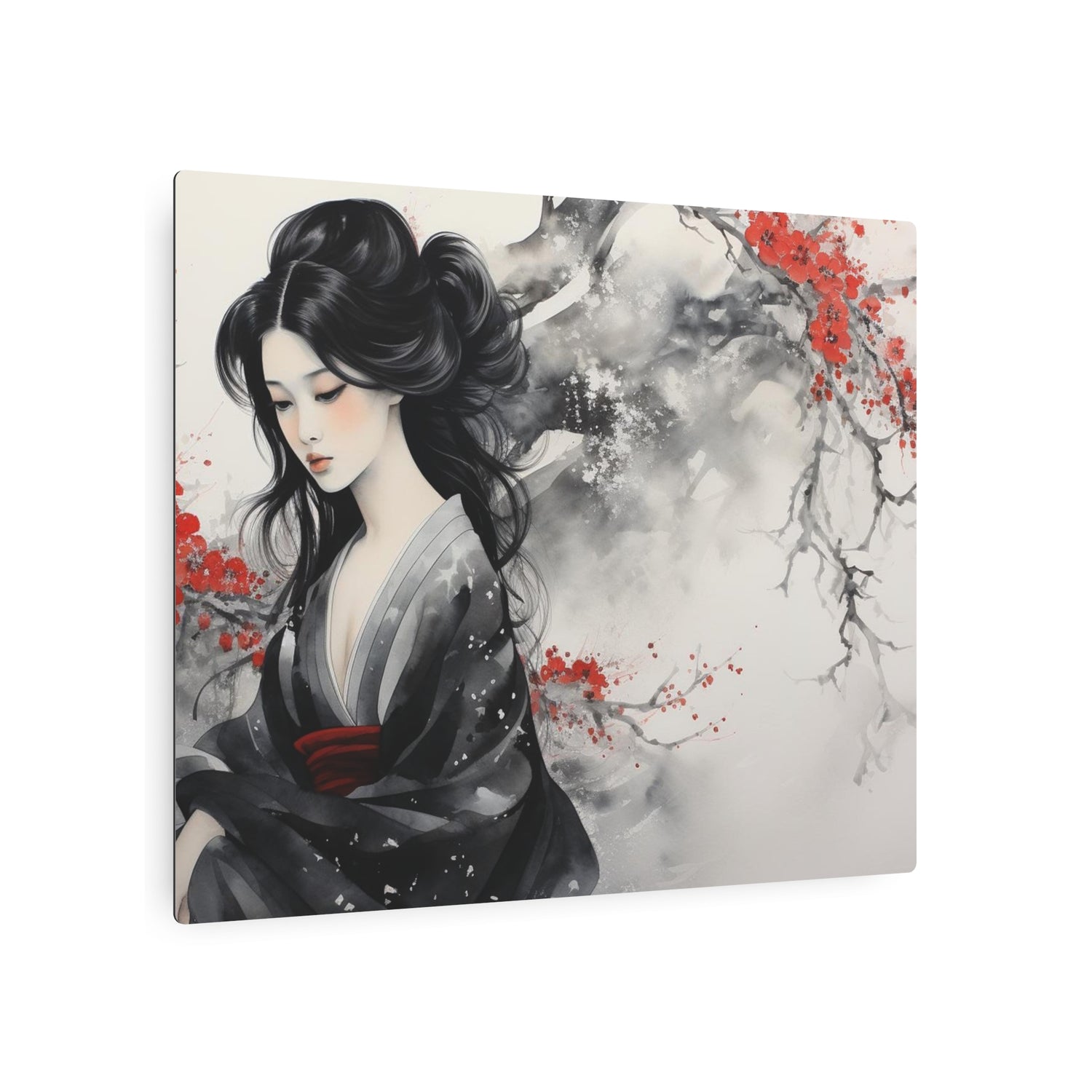 Metal Art Japanese Geisha Wall Decor with Cherry Blossom Ink Wash - The Art Hub