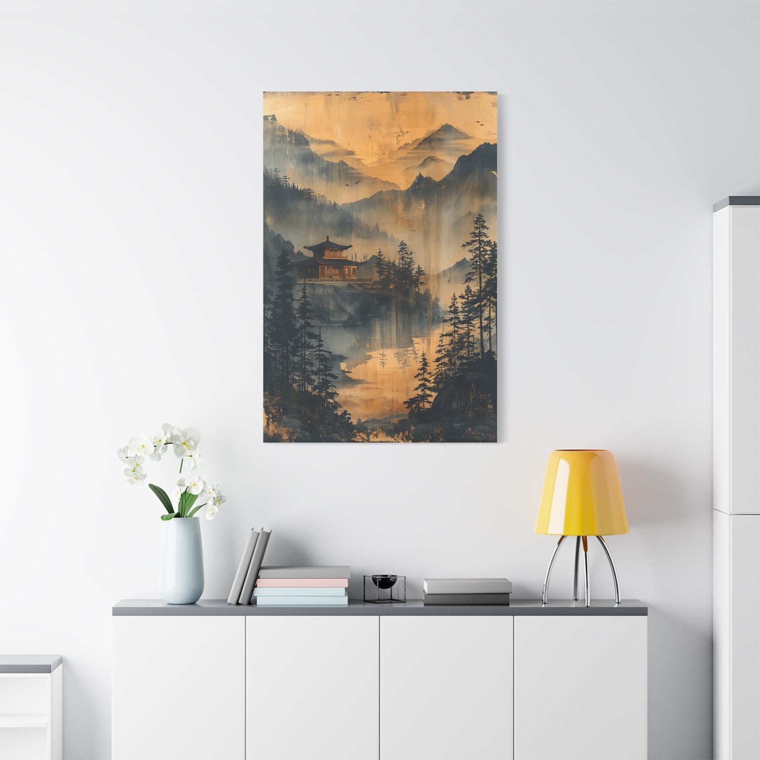 Golden Mist Mountain Landscape Canvas — Asian Pagoda Wall Art - The Art Hub