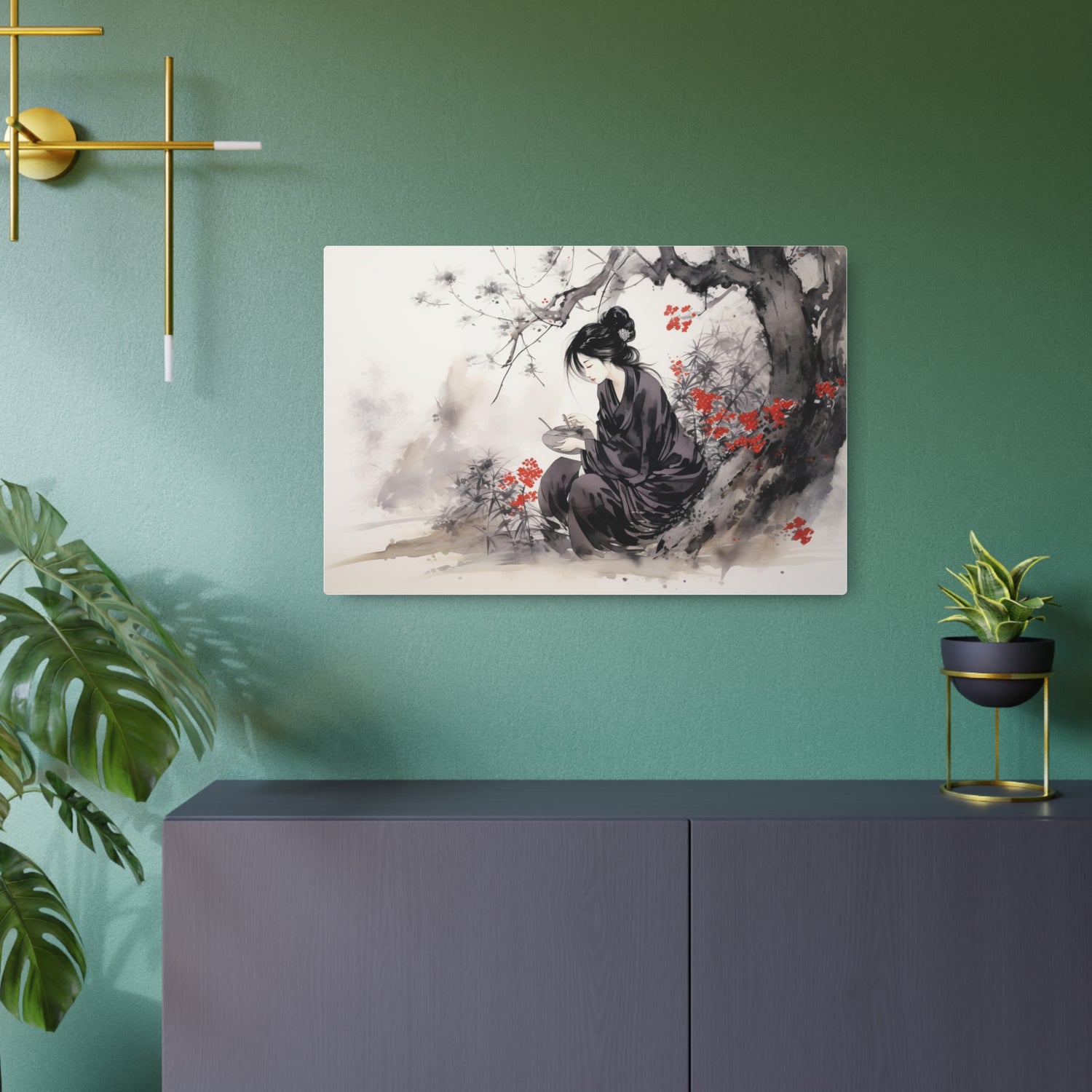 Metal Art Ink Wash Geisha Scene Wall Decor - The Art Hub