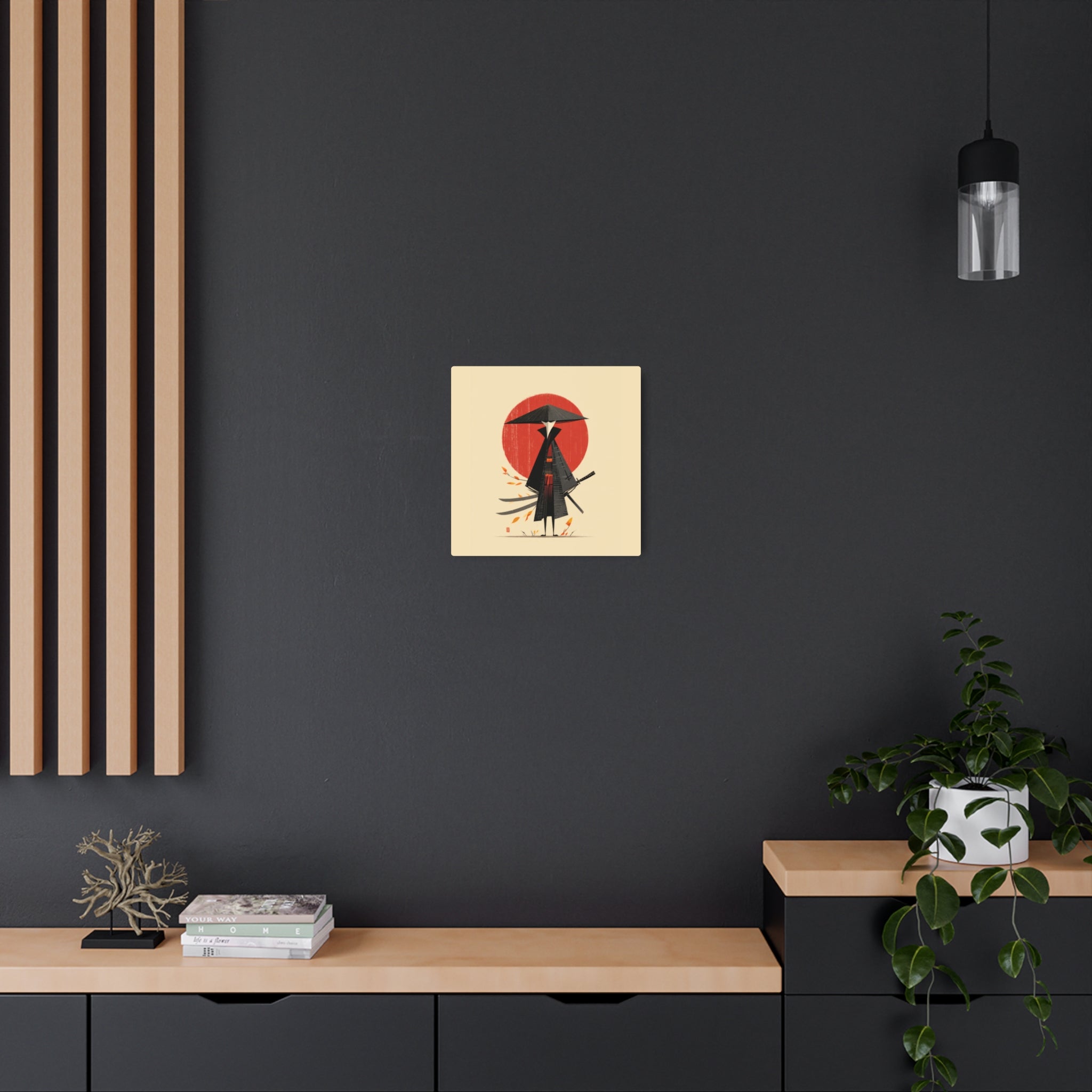 Samurai Metal Art Sign — Minimal Japanese Warrior Wall Decor with Red Sun