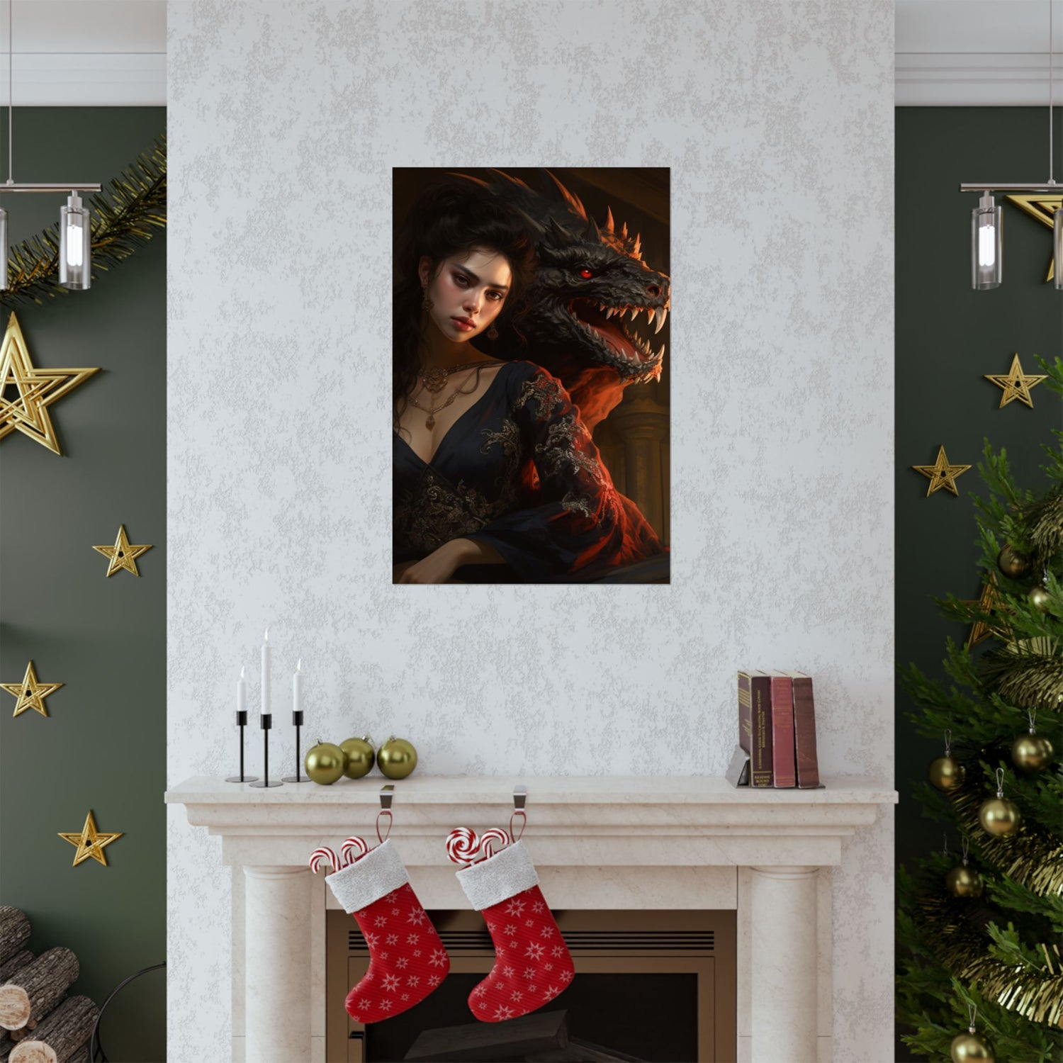 Fantasy Portrait Poster — Dark Sorceress with Dragon Matte Vertical Print - The Art Hub