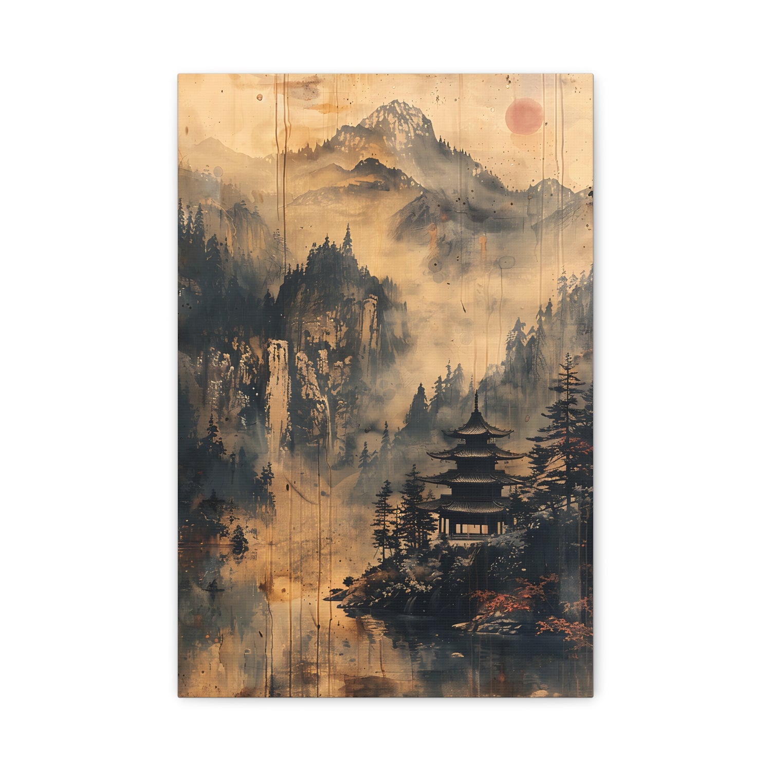 Zen Mountain Mist Canvas Art — Japanese Pagoda Landscape on Stretched Matte Canvas - The Art Hub