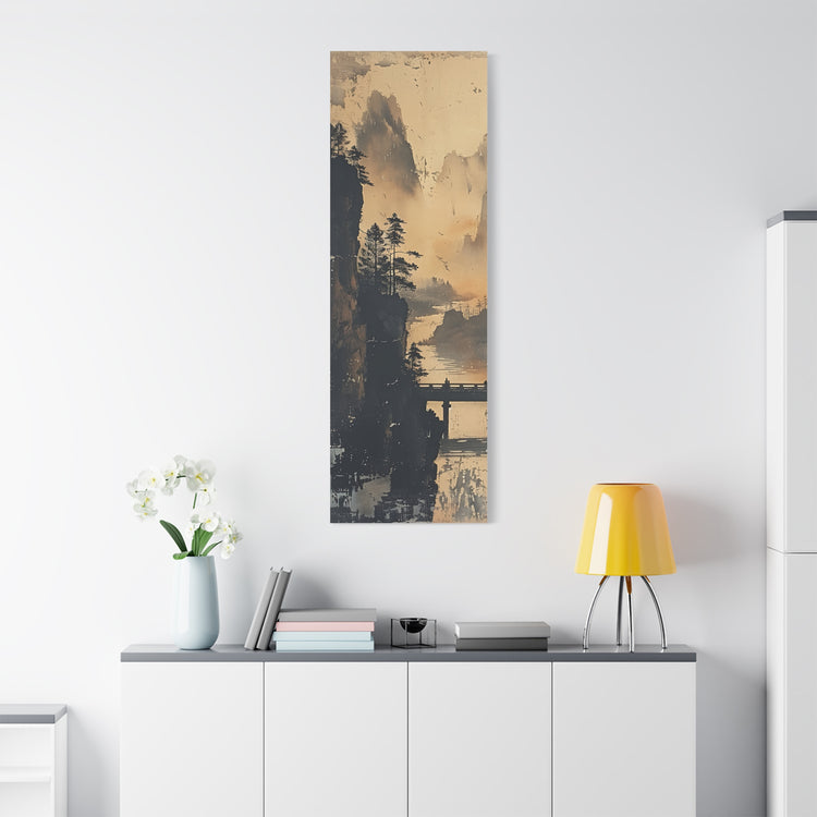 Serene Mountain Bridge Canvas Wall Art — East Asian Landscape Matte Stretched Print - The Art Hub