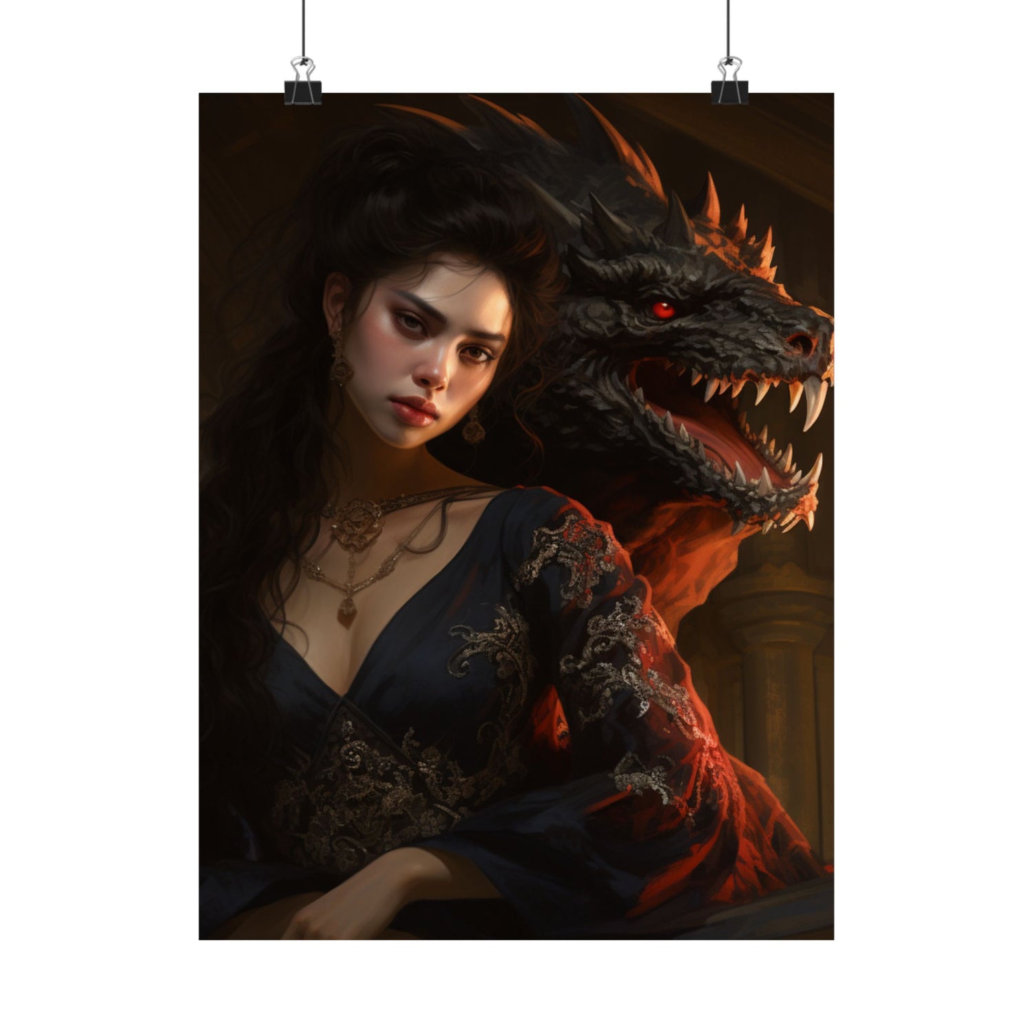 Fantasy Portrait Poster — Dark Sorceress with Dragon Matte Vertical Print - The Art Hub