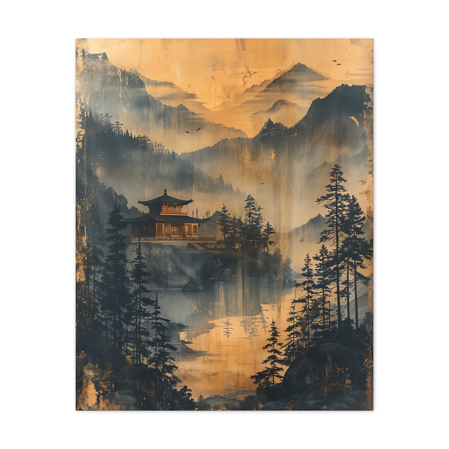 Golden Mist Mountain Landscape Canvas — Asian Pagoda Wall Art - The Art Hub