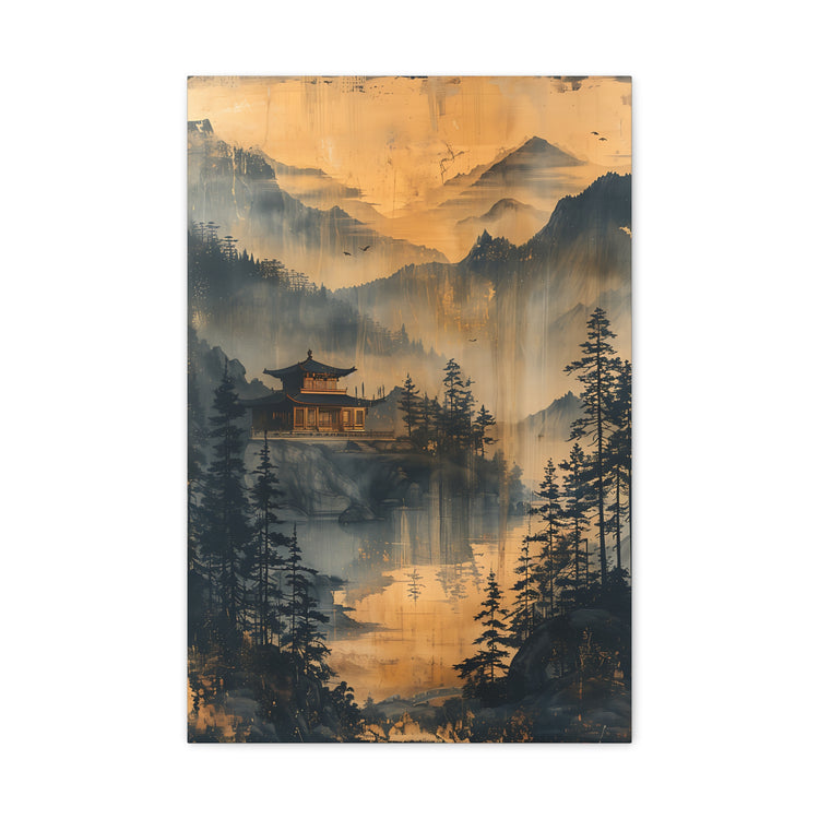 Golden Mist Mountain Landscape Canvas — Asian Pagoda Wall Art - The Art Hub