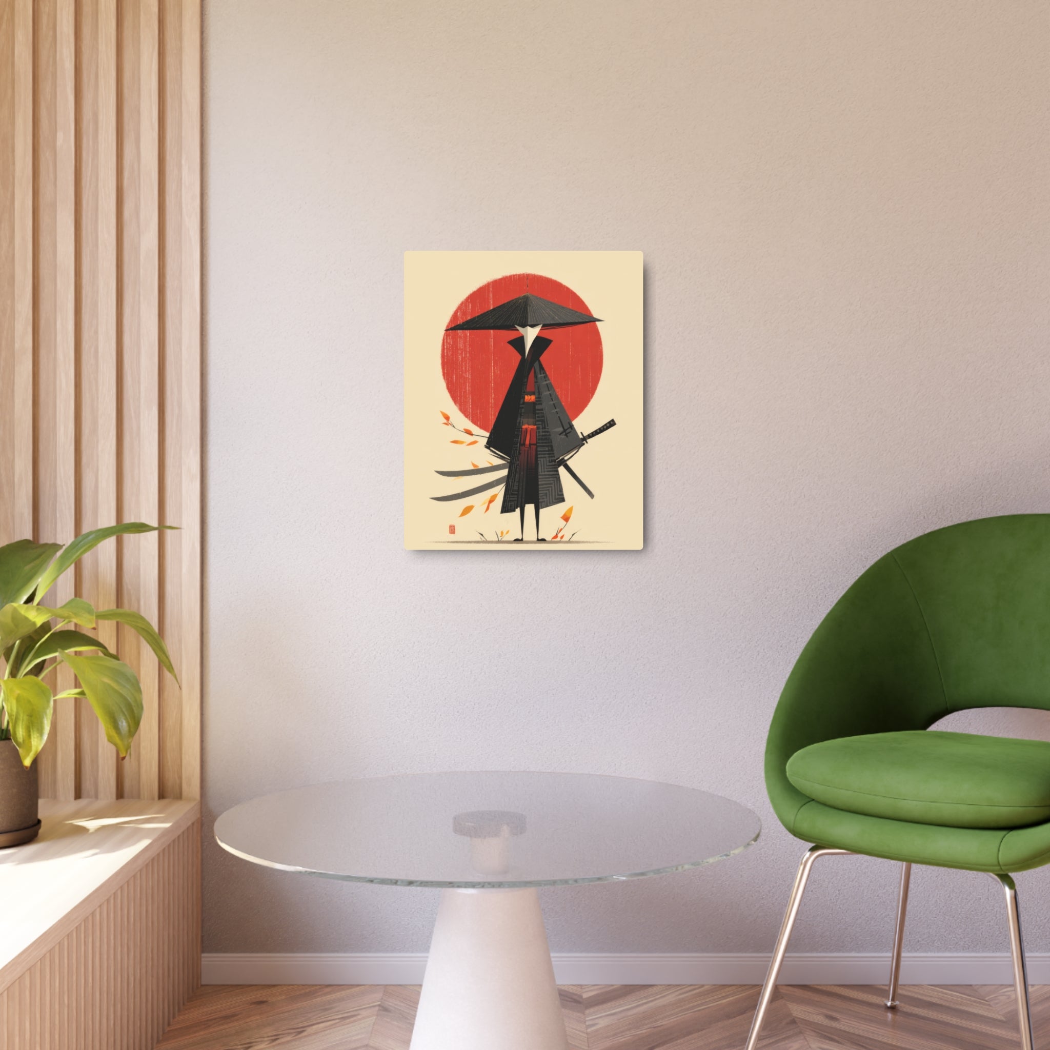 Samurai Metal Art Sign — Minimal Japanese Warrior Wall Decor with Red Sun