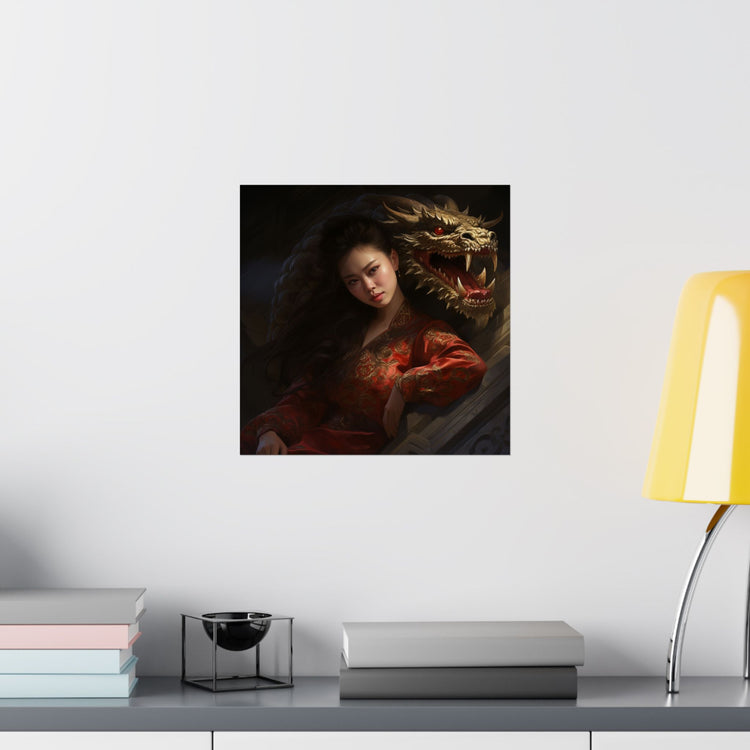 Matte Vertical Poster — Asian Warrior Woman with Dragon Art Print - The Art Hub