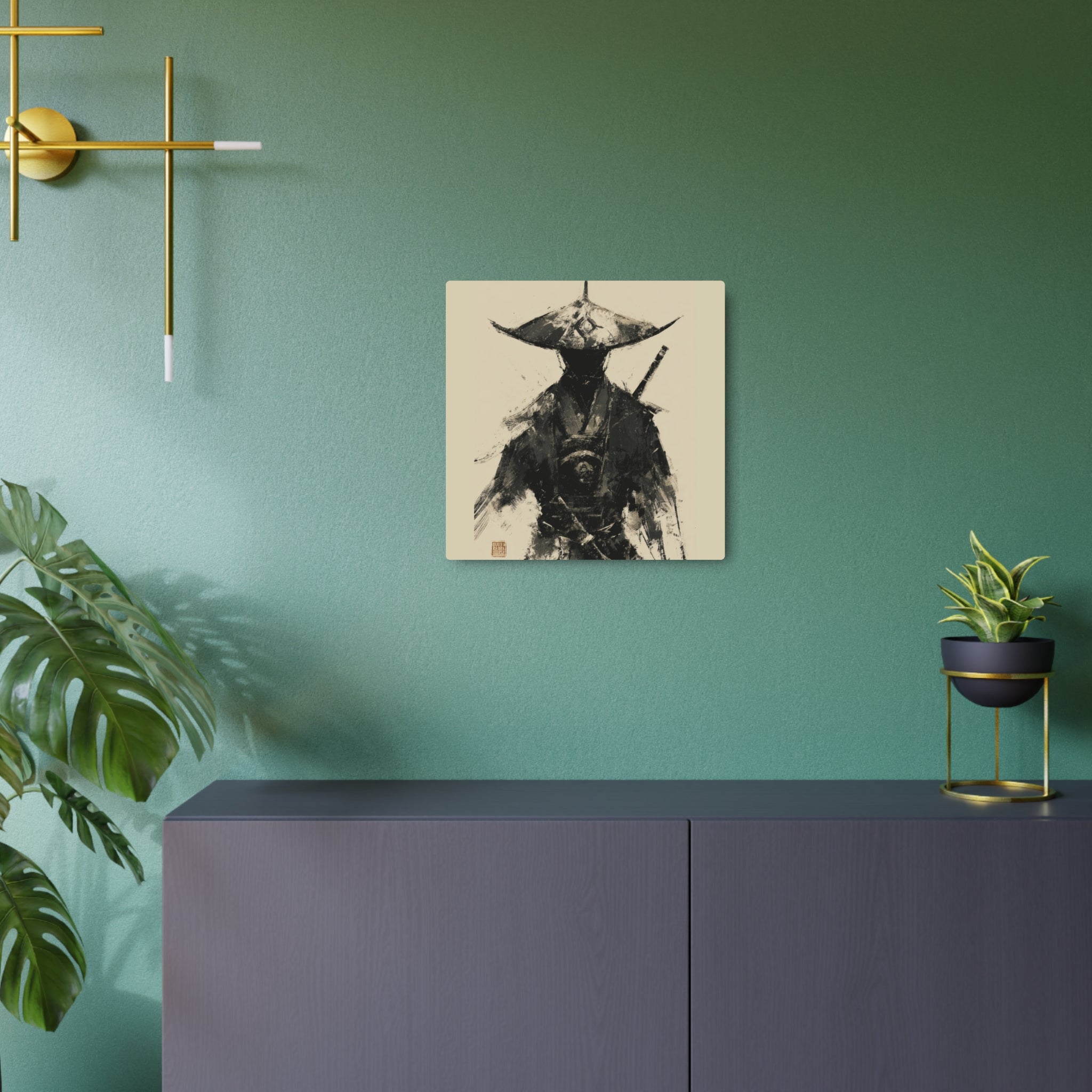 Samurai Ink Warrior Metal Art Sign — Japanese Sumi-e Wall Decor