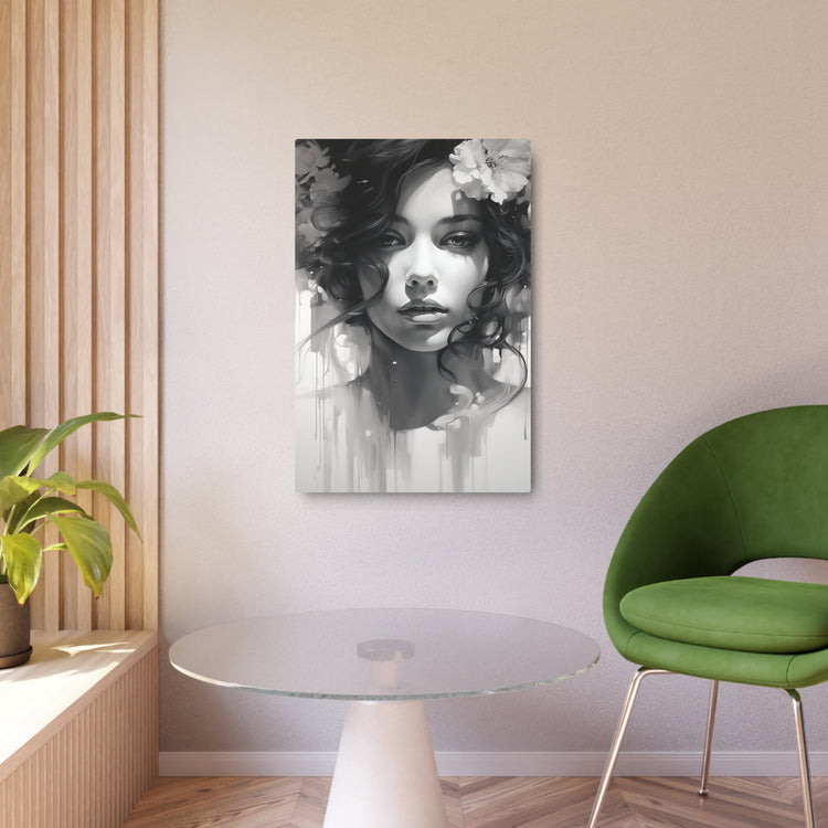Metal Wall Art Sign — Monochrome Portrait of Woman with Floral Accents - The Art Hub