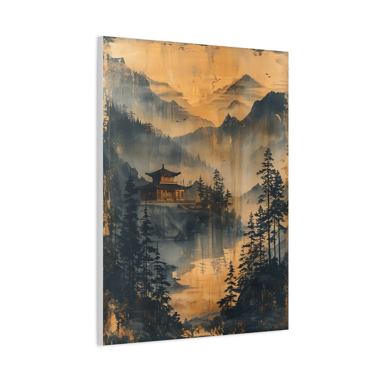 Golden Mist Mountain Landscape Canvas — Asian Pagoda Wall Art - The Art Hub