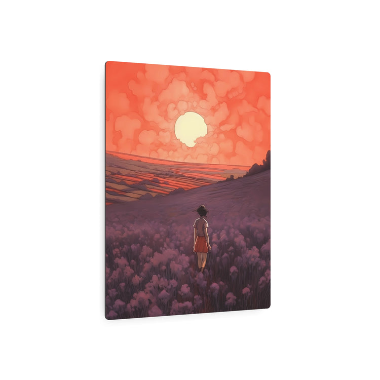Sunset Meadow Metal Art — Girl Walking Through Lavender Field Wall Decor - The Art Hub
