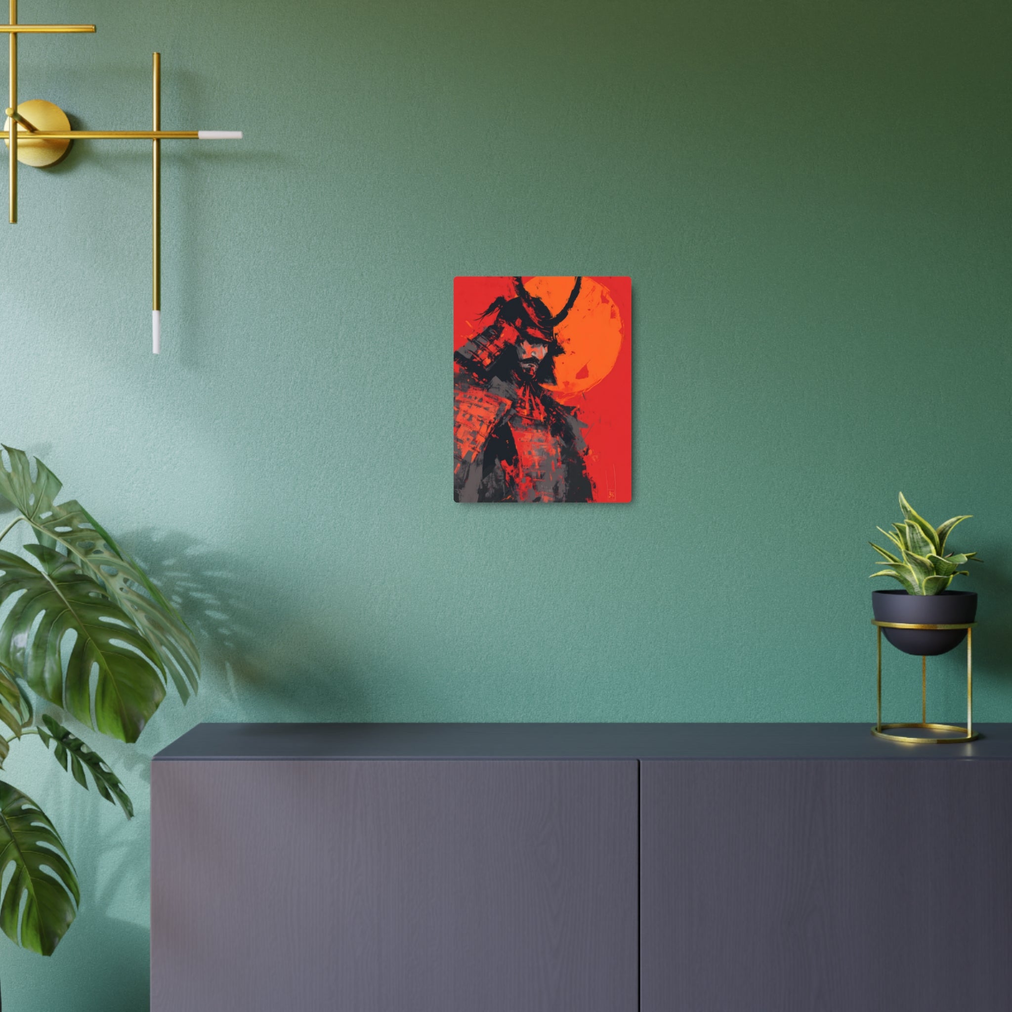 Samurai Moon Metal Art Sign — Red Warrior Wall Decor