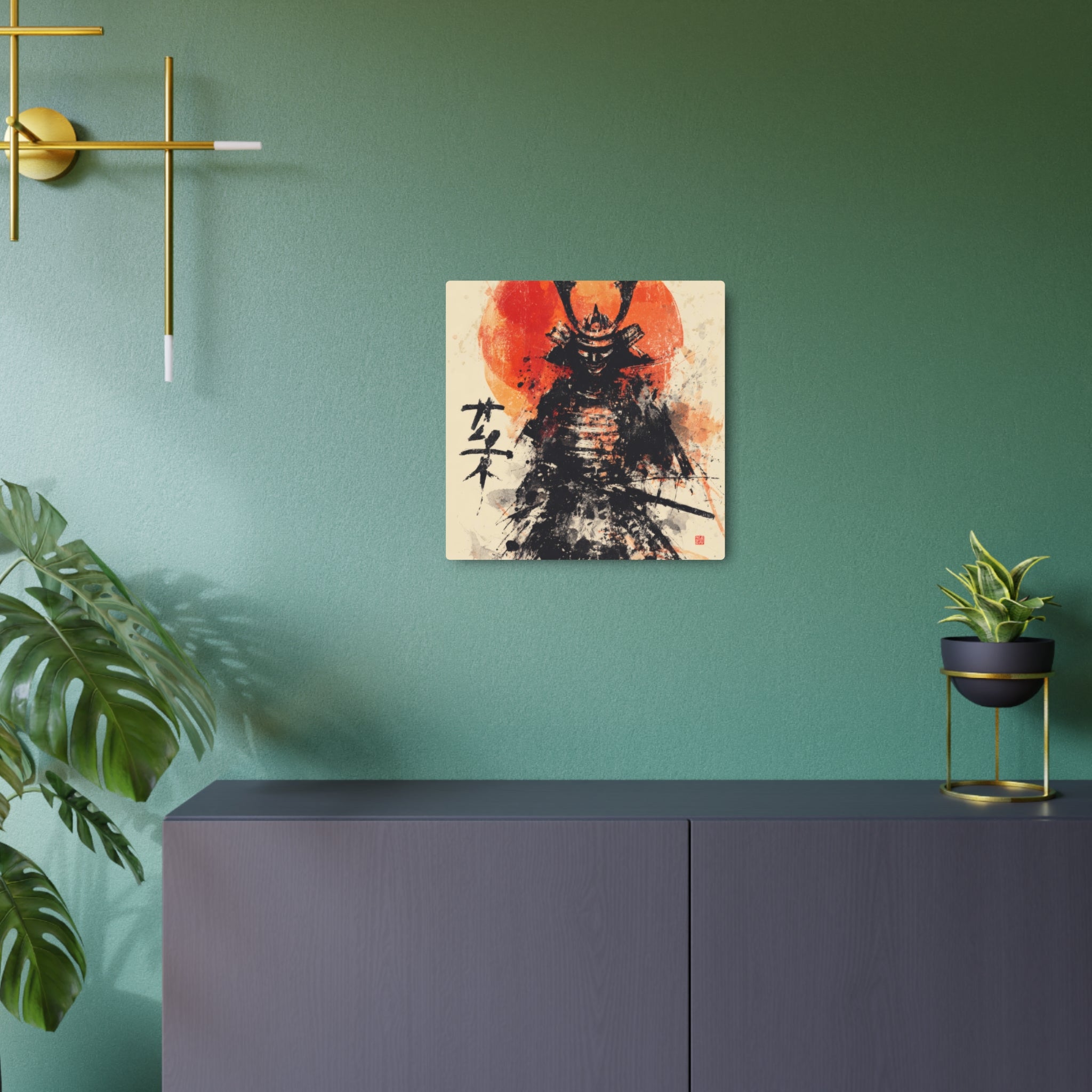 Samurai Metal Art Sign — Ink Wash Warrior with Rising Sun