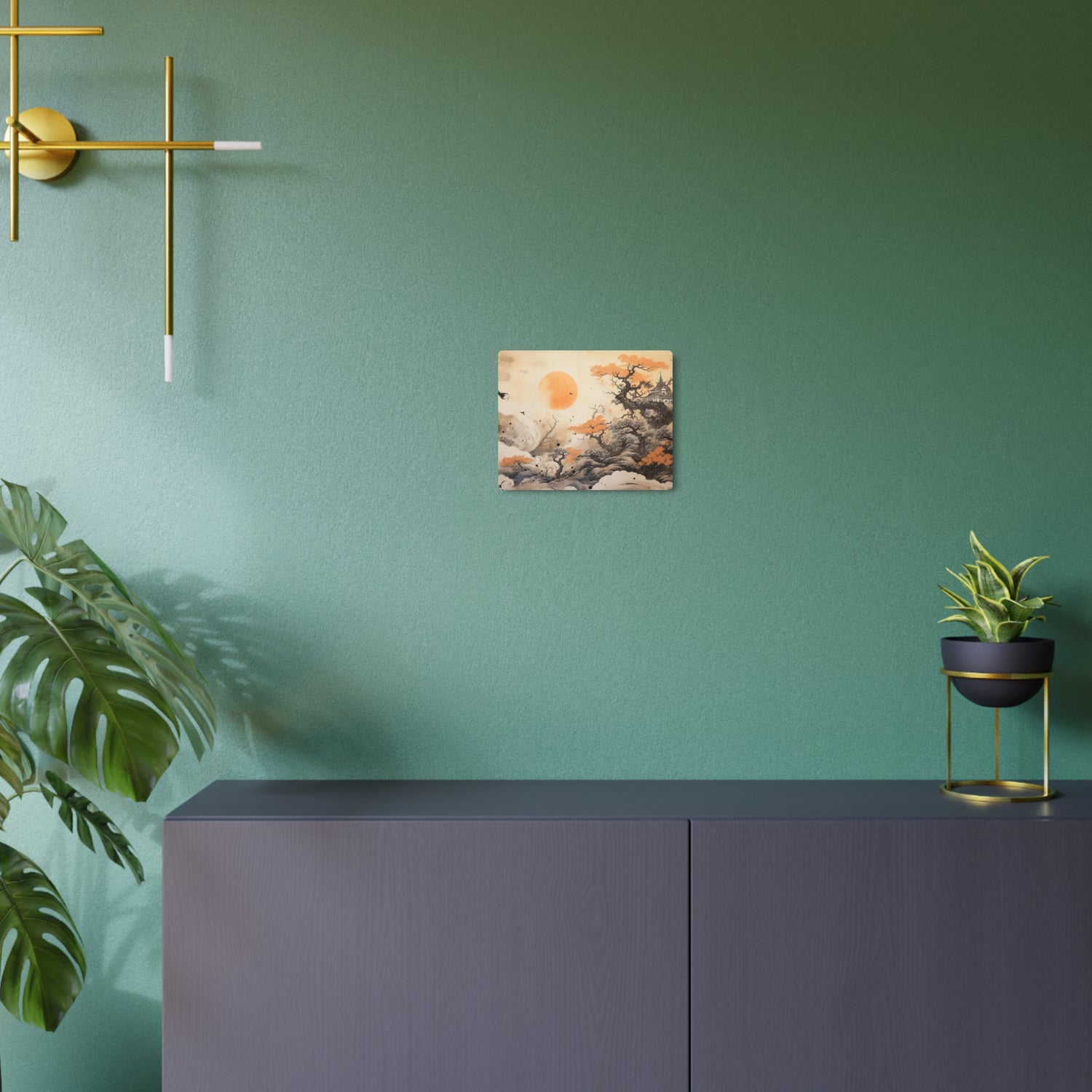 Japanese Landscape Metal Art Orange Sun & Bonsai Trees Wall Decor - The Art Hub