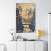 Serene Mountain Bridge Canvas Wall Art — East Asian Landscape Matte Stretched Print - The Art Hub
