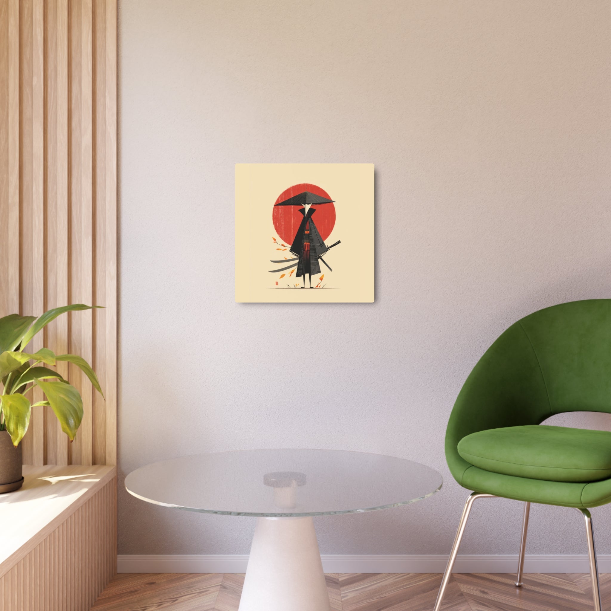 Samurai Metal Art Sign — Minimal Japanese Warrior Wall Decor with Red Sun