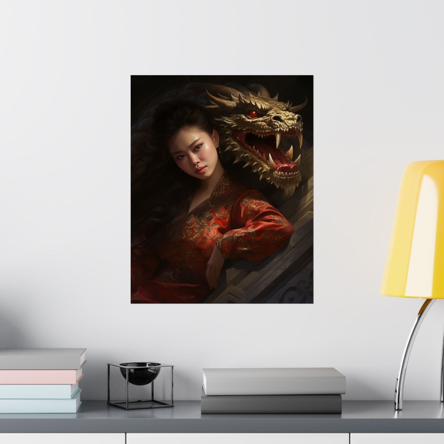 Matte Vertical Poster — Asian Warrior Woman with Dragon Art Print - The Art Hub