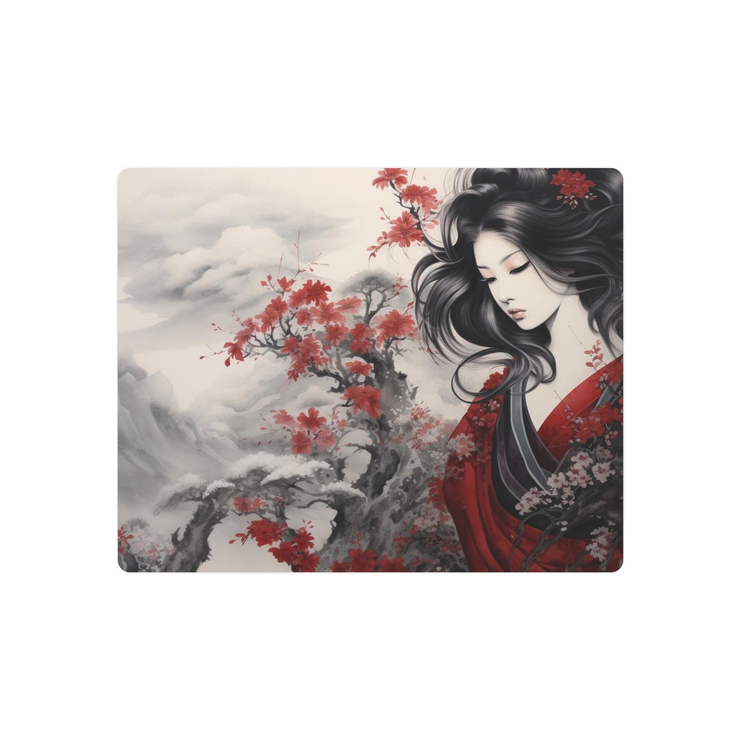 Metal Art Elegant Geisha Landscape with Red Maple Blossoms - The Art Hub