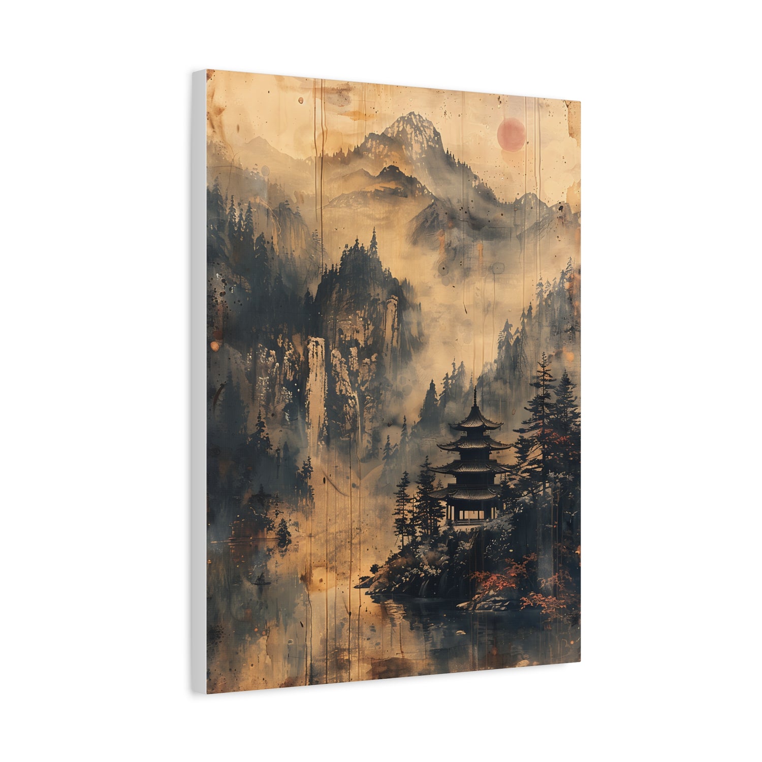 Zen Mountain Mist Canvas Art — Japanese Pagoda Landscape on Stretched Matte Canvas - The Art Hub