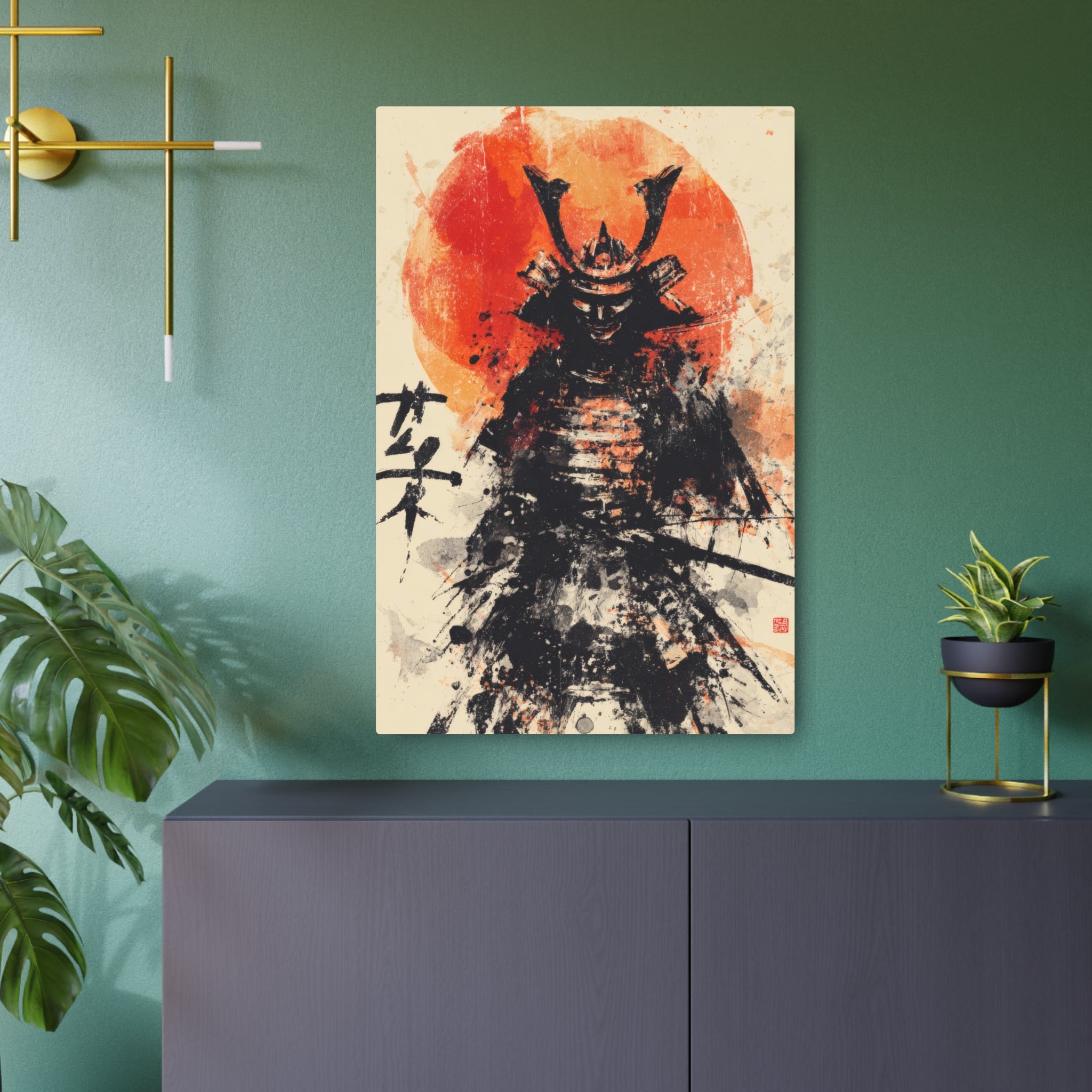 Samurai Metal Art Sign — Ink Wash Warrior with Rising Sun