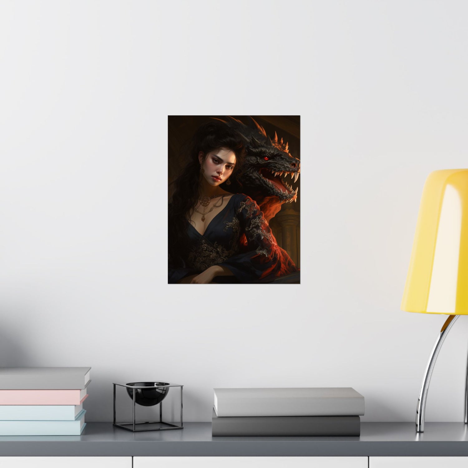 Fantasy Portrait Poster — Dark Sorceress with Dragon Matte Vertical Print - The Art Hub