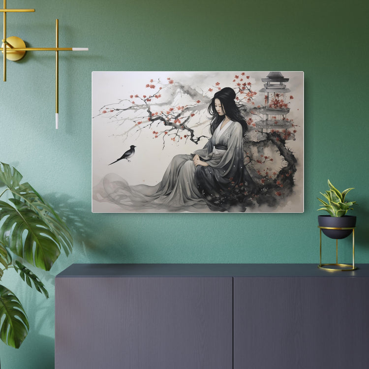 Oriental Lady Metal Art Serene Geisha with Cherry Blossoms Wall Decor - The Art Hub