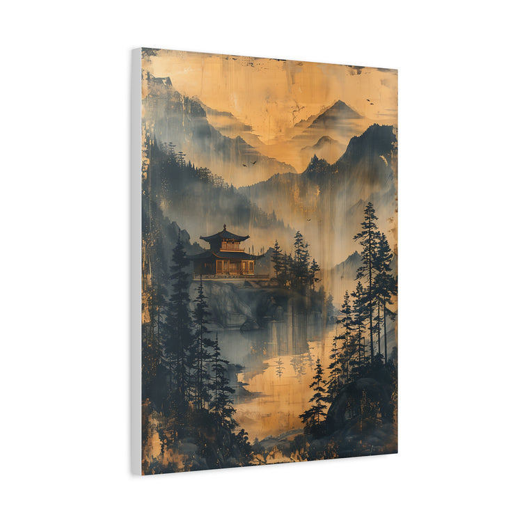 Golden Mist Mountain Landscape Canvas — Asian Pagoda Wall Art - The Art Hub