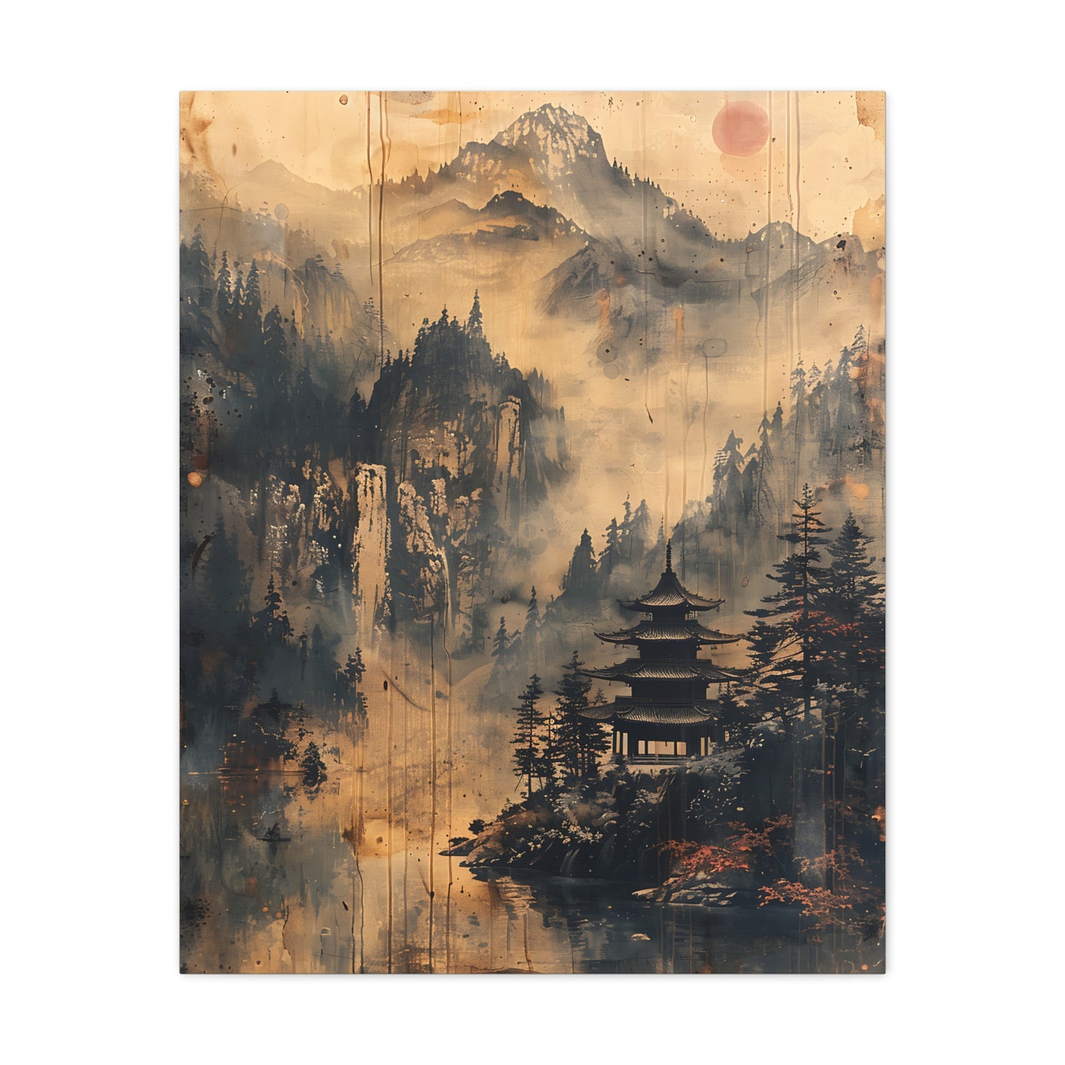 Zen Mountain Mist Canvas Art — Japanese Pagoda Landscape on Stretched Matte Canvas - The Art Hub
