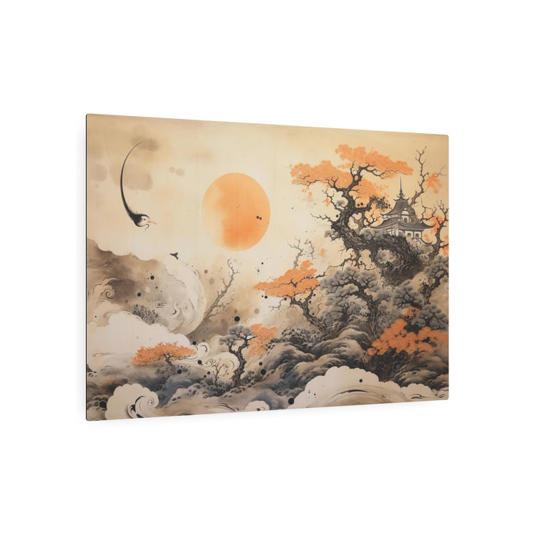 Japanese Landscape Metal Art Orange Sun & Bonsai Trees Wall Decor - The Art Hub