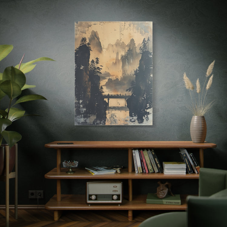 Serene Mountain Bridge Canvas Wall Art — East Asian Landscape Matte Stretched Print - The Art Hub