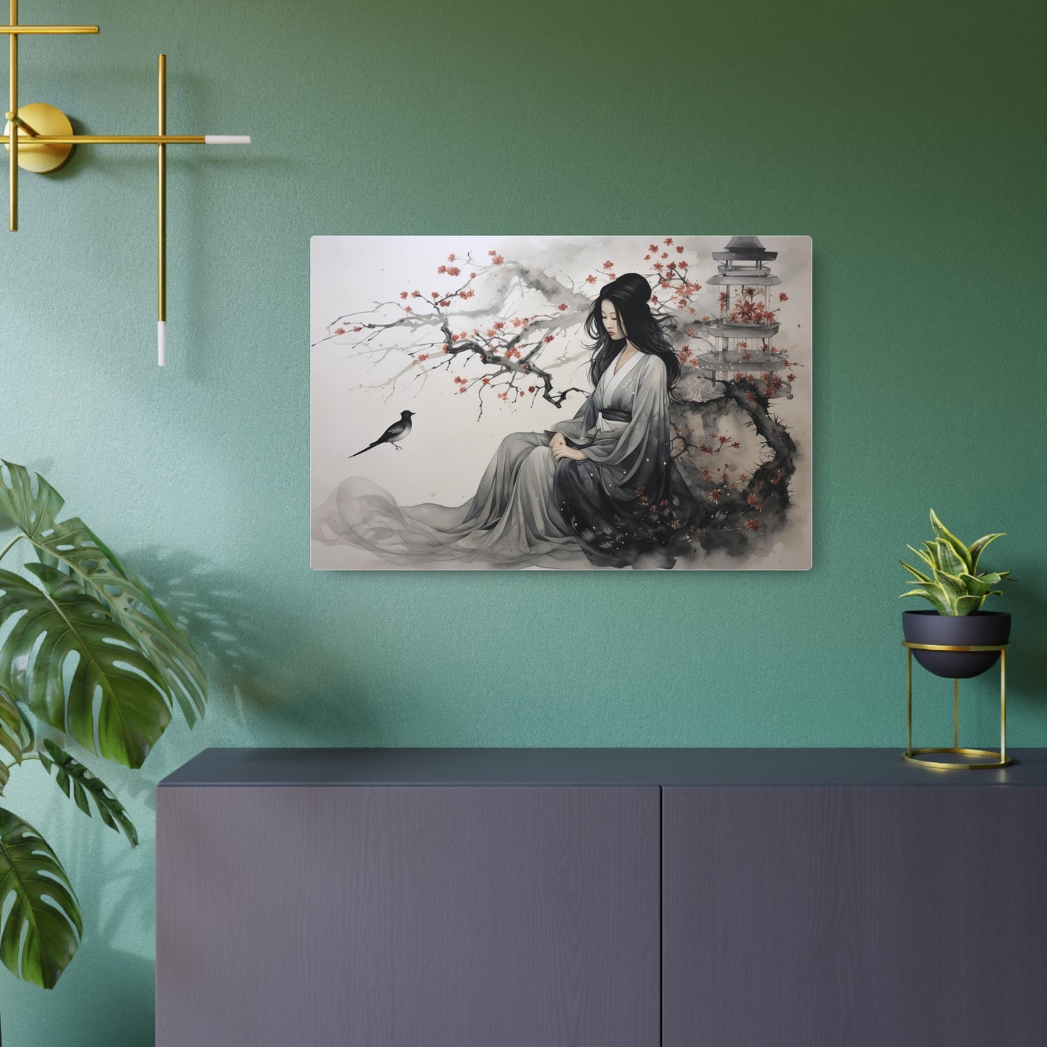 Oriental Lady Metal Art Serene Geisha with Cherry Blossoms Wall Decor - The Art Hub