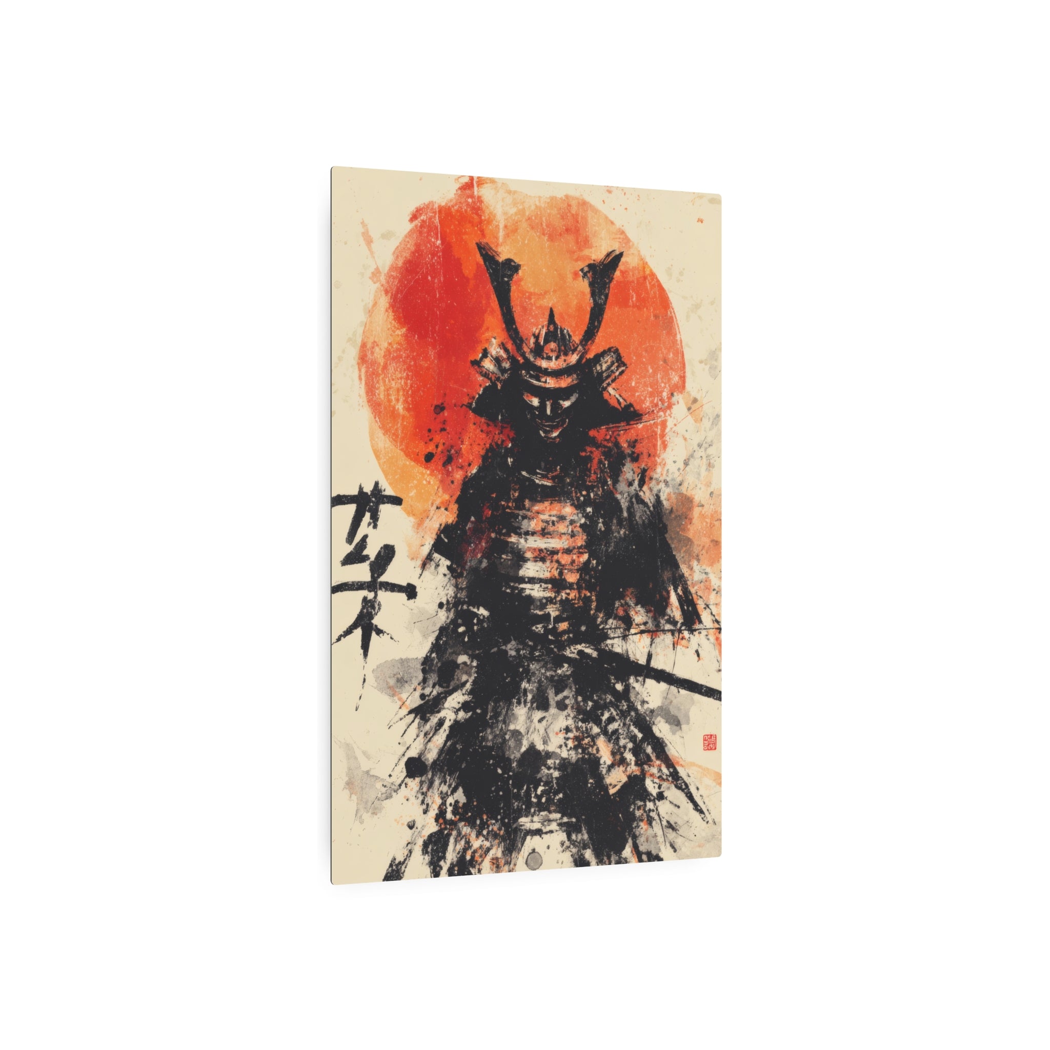 Samurai Metal Art Sign — Ink Wash Warrior with Rising Sun