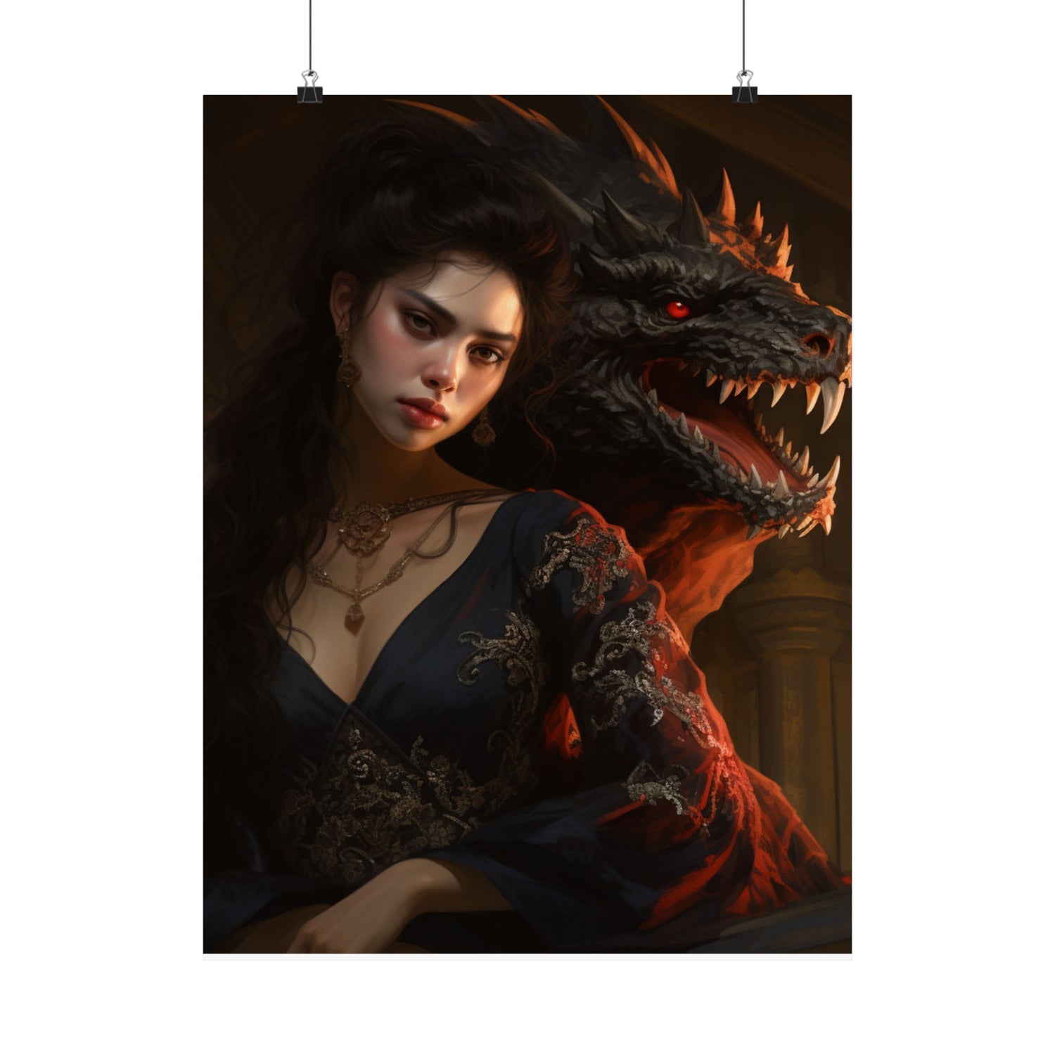 Fantasy Portrait Poster — Dark Sorceress with Dragon Matte Vertical Print - The Art Hub