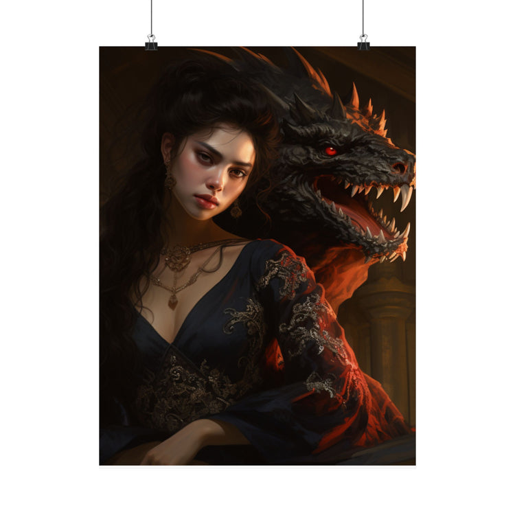 Fantasy Portrait Poster — Dark Sorceress with Dragon Matte Vertical Print - The Art Hub