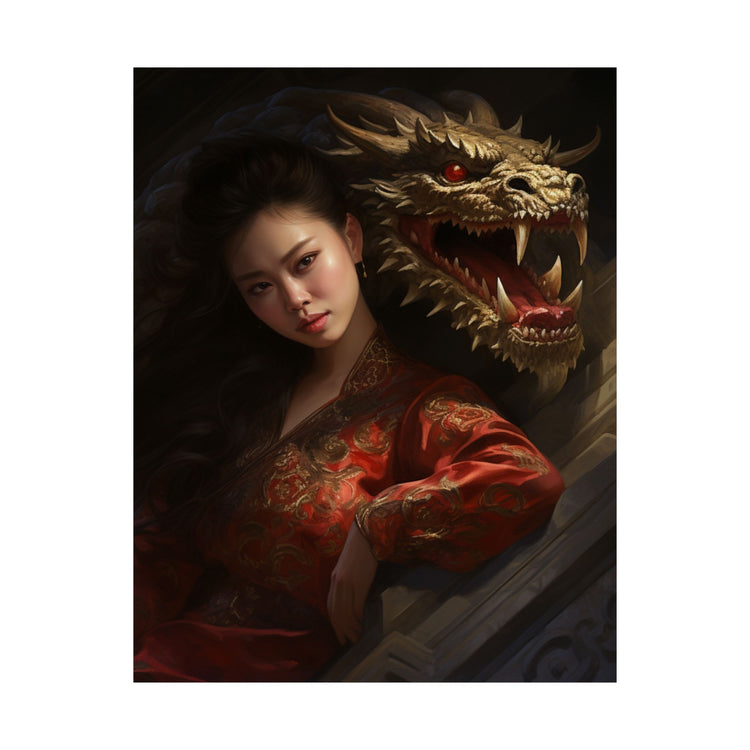 Matte Vertical Poster — Asian Warrior Woman with Dragon Art Print - The Art Hub