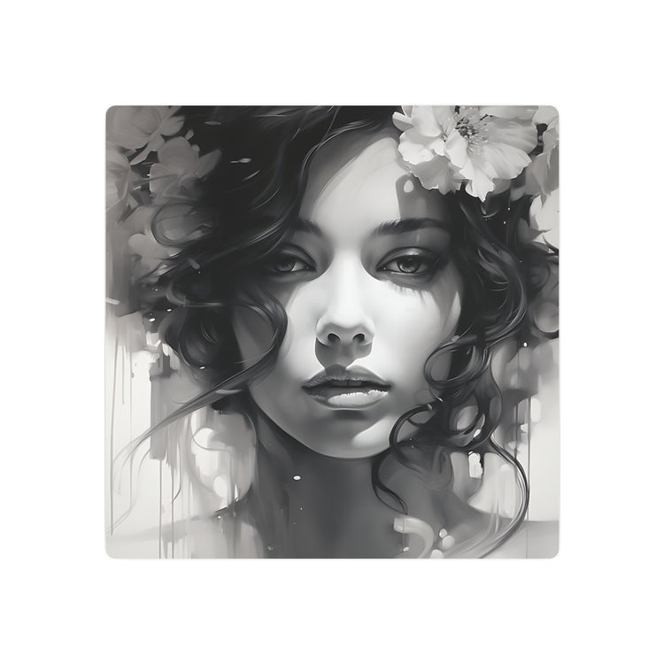 Metal Wall Art Sign — Monochrome Portrait of Woman with Floral Accents - The Art Hub