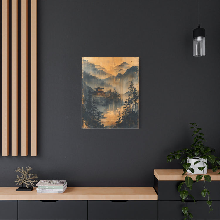 Golden Mist Mountain Landscape Canvas — Asian Pagoda Wall Art - The Art Hub