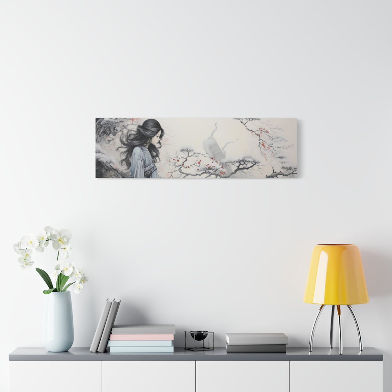 Canvas Wall Art Serene Geisha in Misty Cherry Blossom - The Art Hub