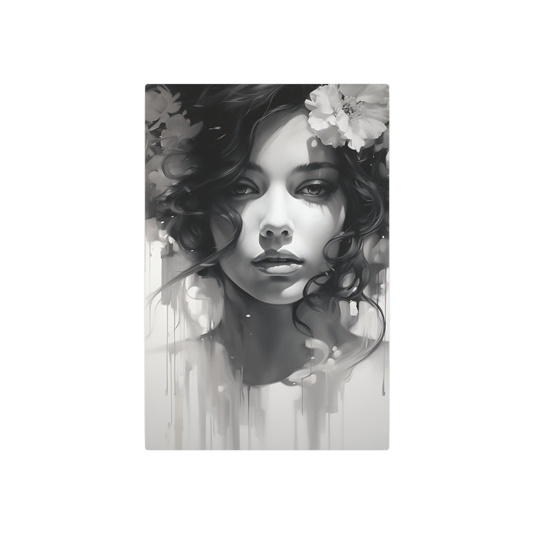 Metal Wall Art Sign — Monochrome Portrait of Woman with Floral Accents - The Art Hub
