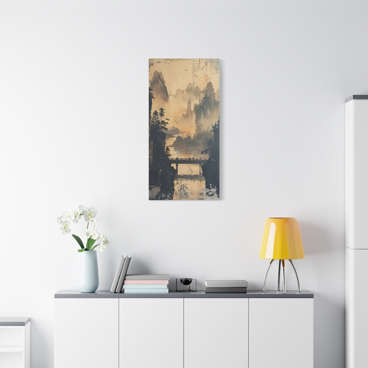 Serene Mountain Bridge Canvas Wall Art — East Asian Landscape Matte Stretched Print - The Art Hub