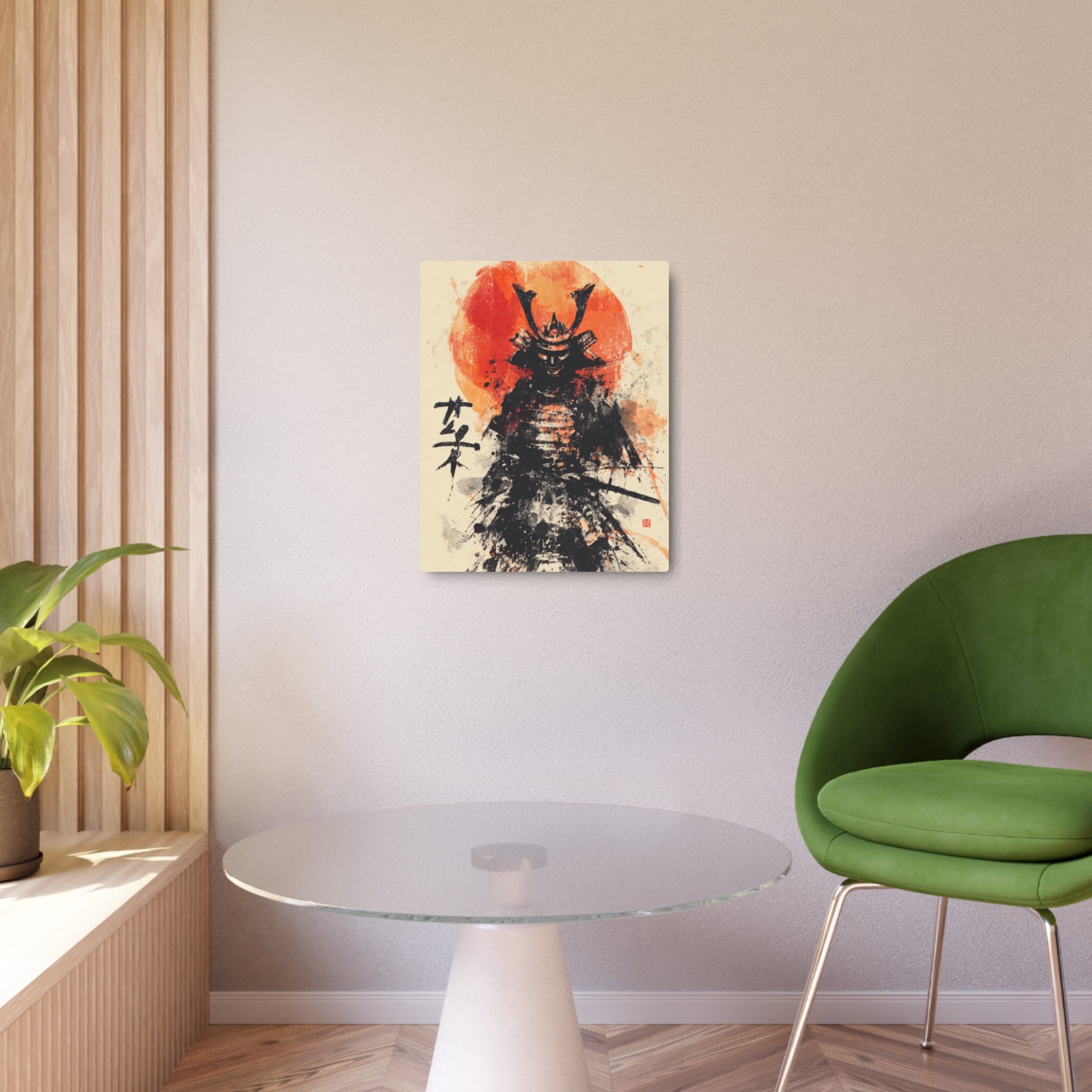Samurai Metal Art Sign — Ink Wash Warrior with Rising Sun