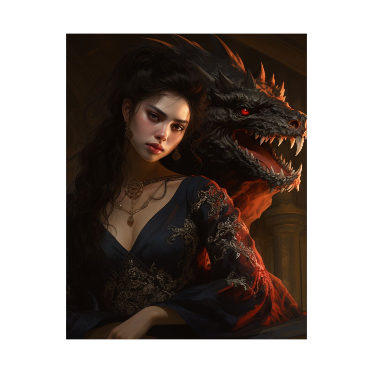 Fantasy Portrait Poster — Dark Sorceress with Dragon Matte Vertical Print - The Art Hub