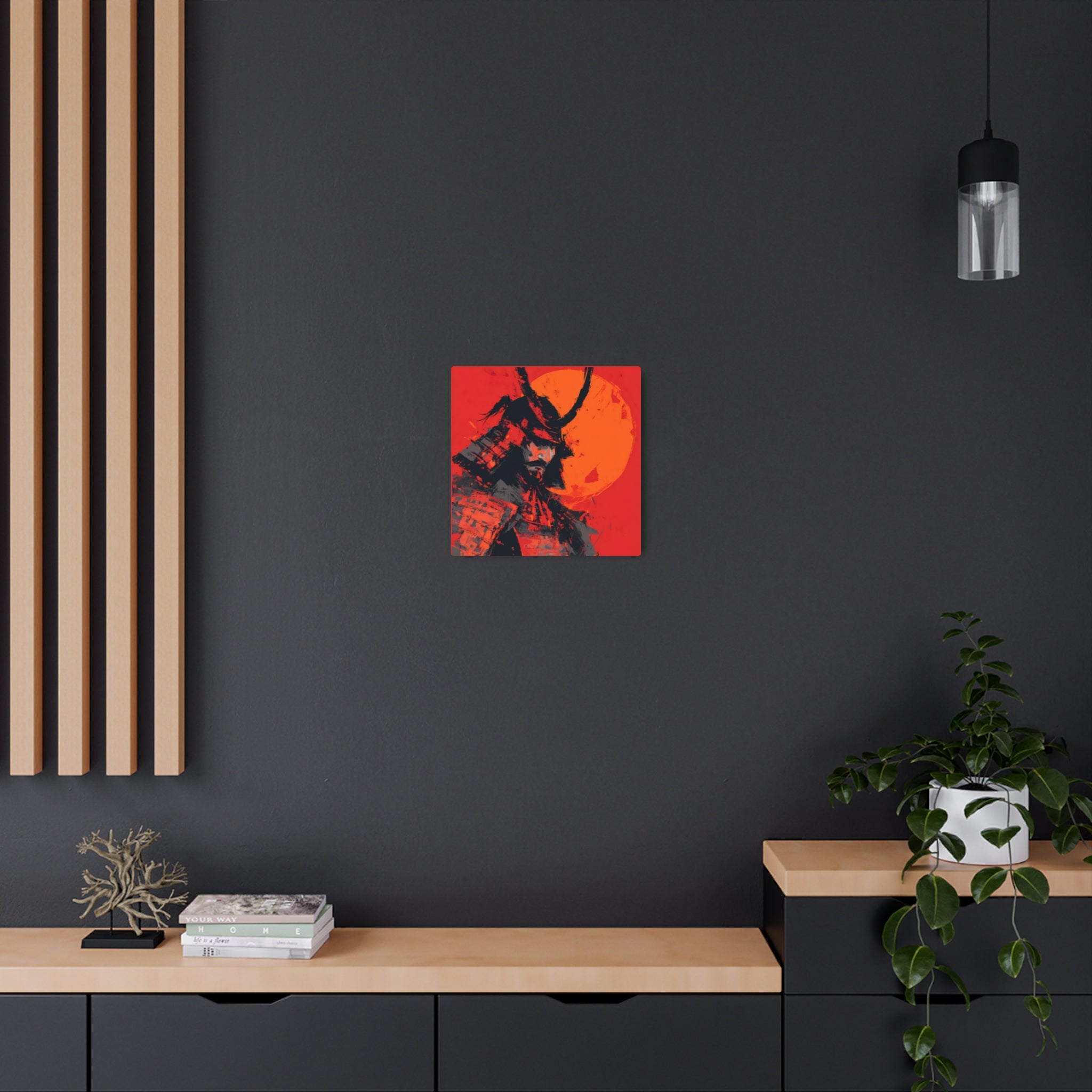 Samurai Moon Metal Art Sign — Red Warrior Wall Decor