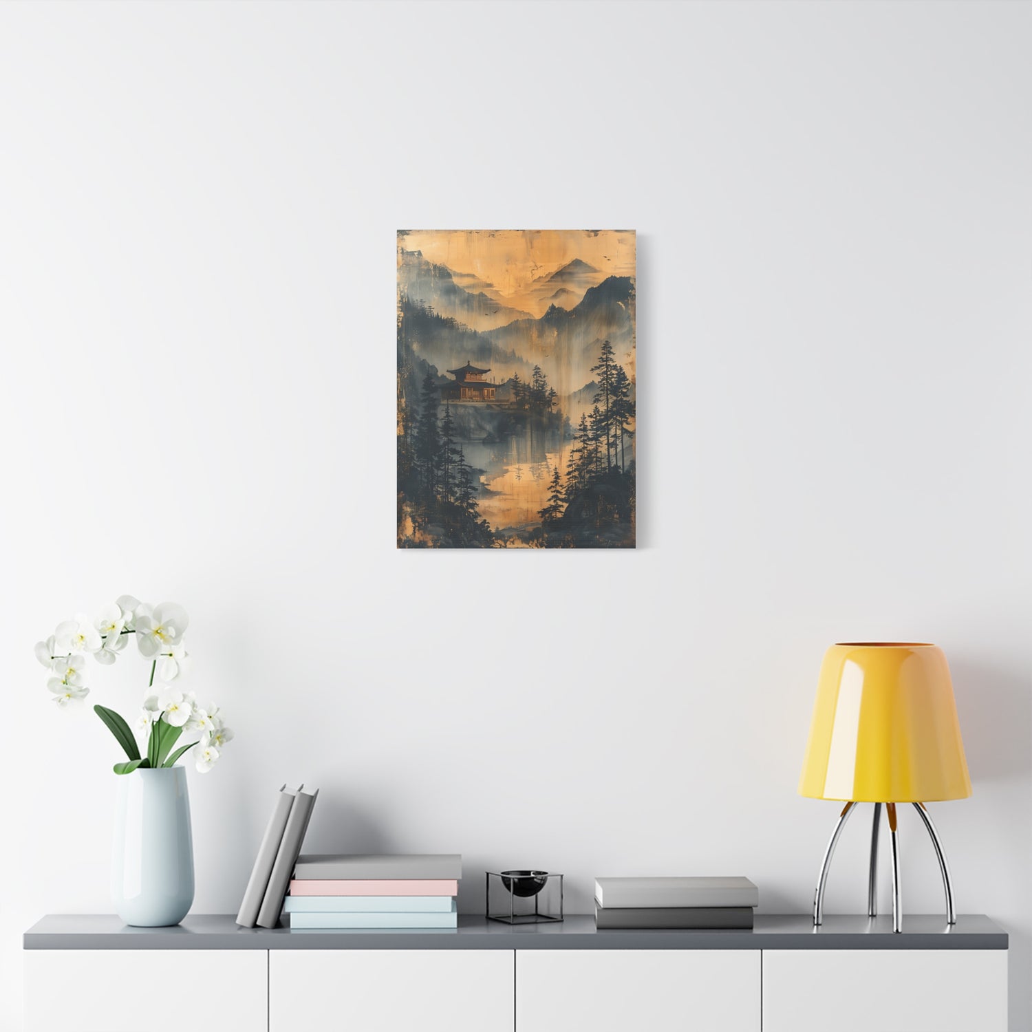 Golden Mist Mountain Landscape Canvas — Asian Pagoda Wall Art - The Art Hub