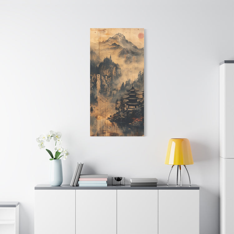 Zen Mountain Mist Canvas Art — Japanese Pagoda Landscape on Stretched Matte Canvas - The Art Hub