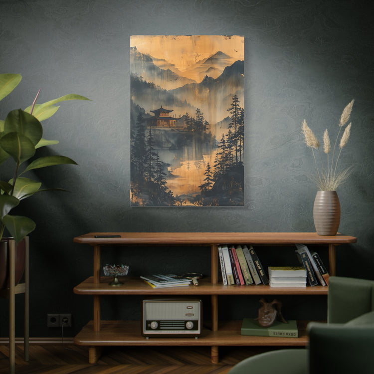 Golden Mist Mountain Landscape Canvas — Asian Pagoda Wall Art - The Art Hub