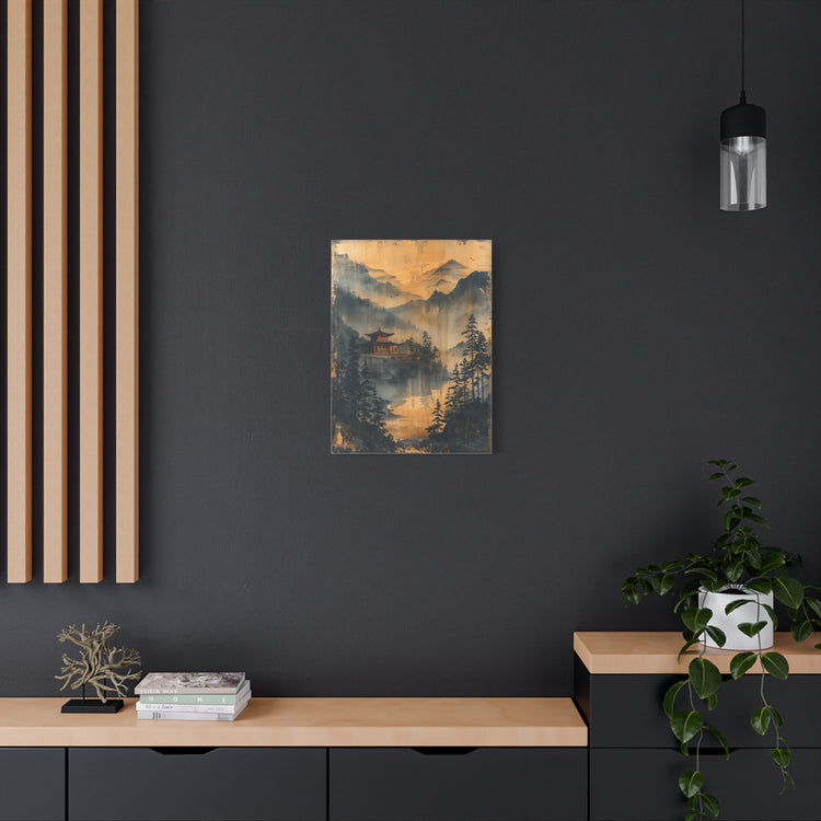 Golden Mist Mountain Landscape Canvas — Asian Pagoda Wall Art - The Art Hub